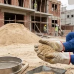 Construction engineer inspecting foundation reinforcement at a house construction site in Lahore