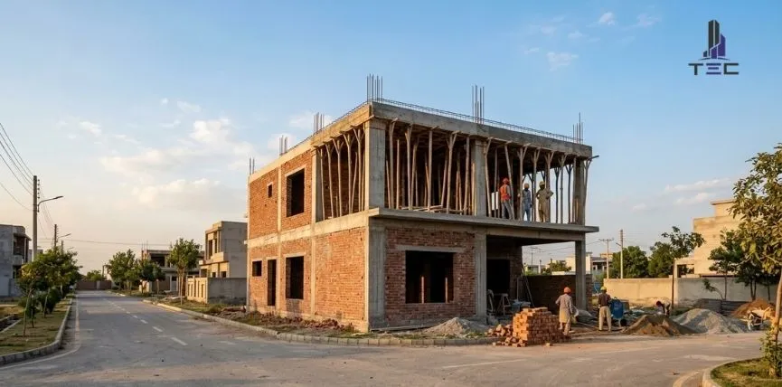 House construction stages in Lahore grey structure site in Bahria Orchard