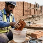 Red clay brick being tested for water absorption at a house construction site