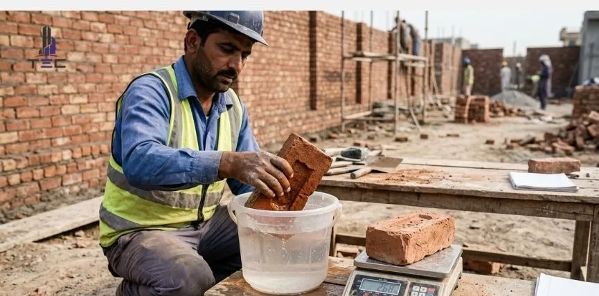 Red clay brick being tested for water absorption at a house construction site