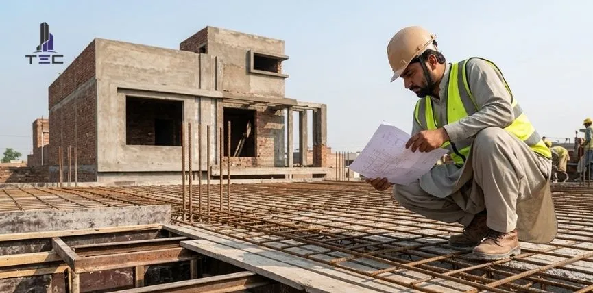 Site engineer inspecting steel reinforcement and shuttering before roof slab concrete pouring